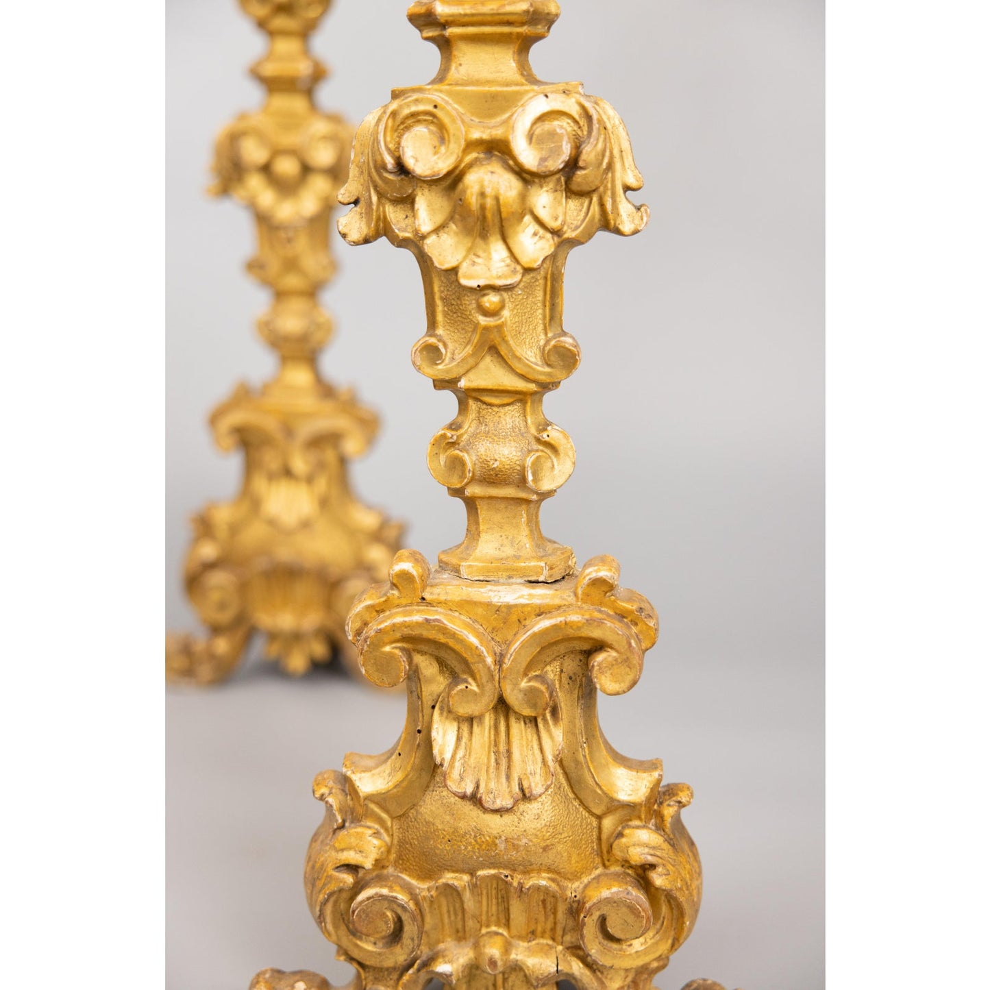 Regal Gold Carved Candle Stands Pair