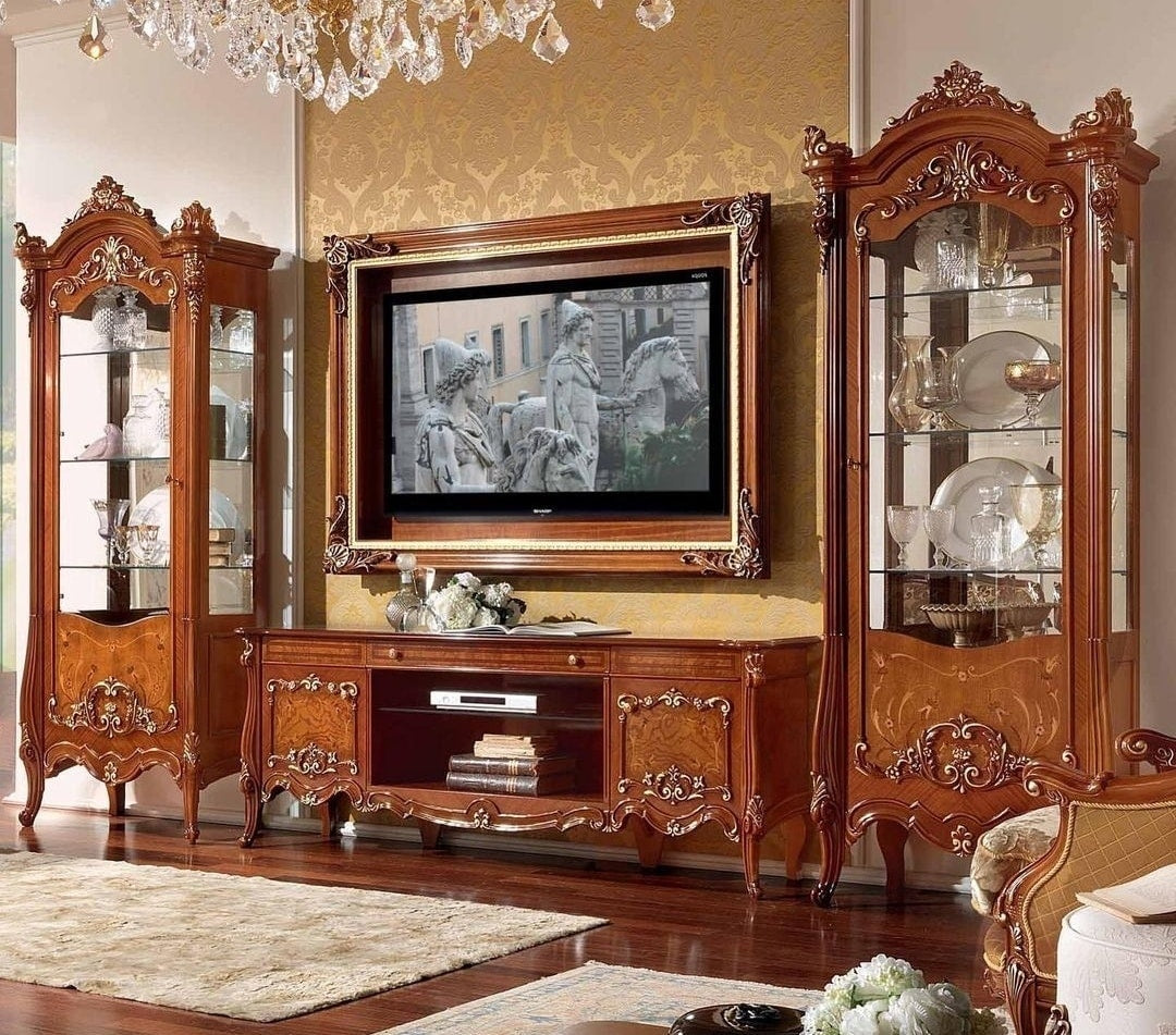 Mahogany Display Cabinet with Intricate Carvings and Gold Accents