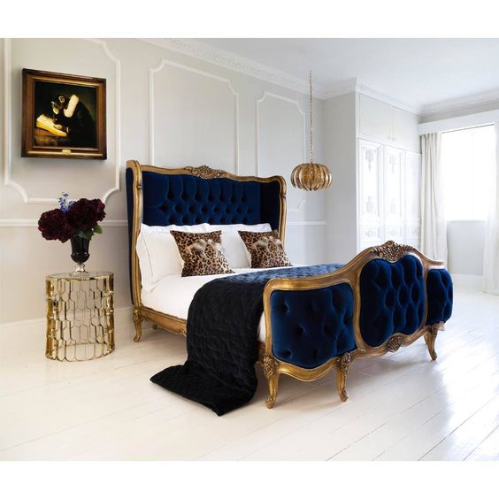 Sidqa Imperial Gold Bed with Blue Velvet Upholstery