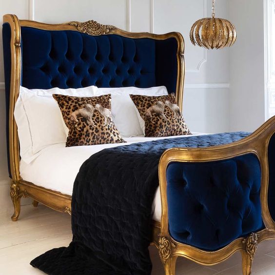 Sidqa Imperial Gold Bed with Blue Velvet Upholstery