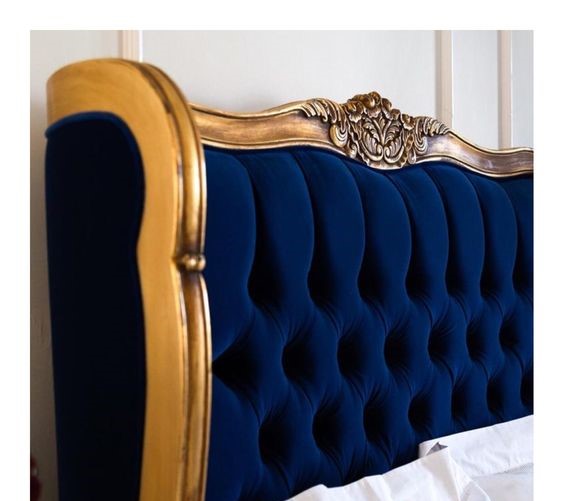 Sidqa Imperial Gold Bed with Blue Velvet Upholstery