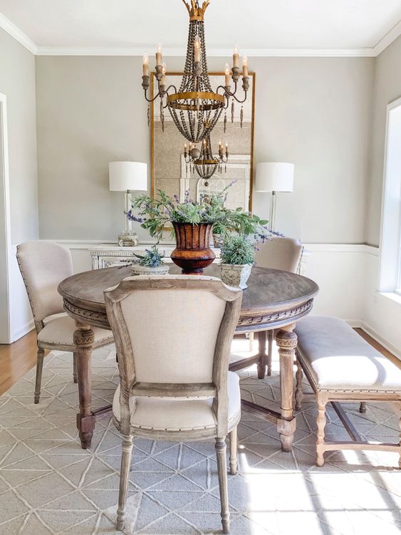 Circular French Finish Dining Set with a Bench