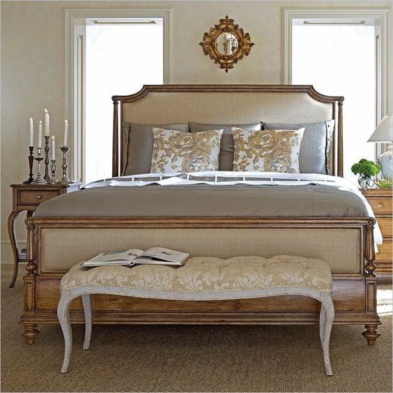 Sidqa Masculine Glossy Finish Bed with Ivory Beige Fabric Detailing