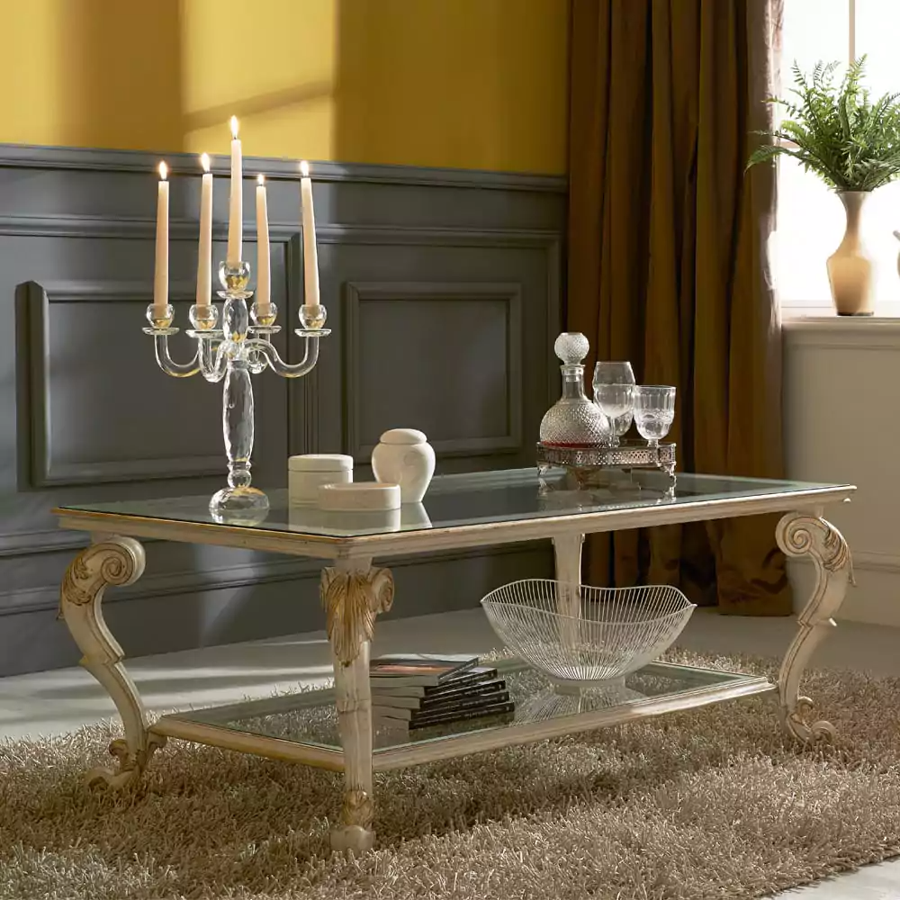 Sidqa Ivory and Gold Glass Double-Decker Coffee Table