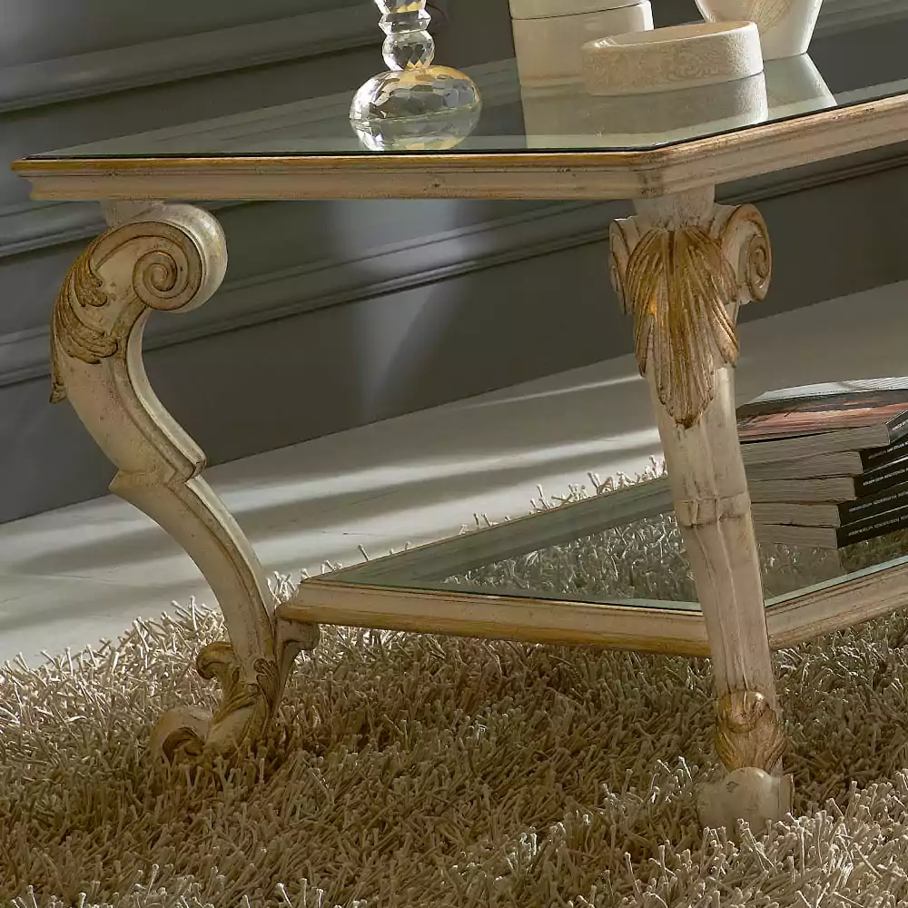 Sidqa Ivory and Gold Glass Double-Decker Coffee Table