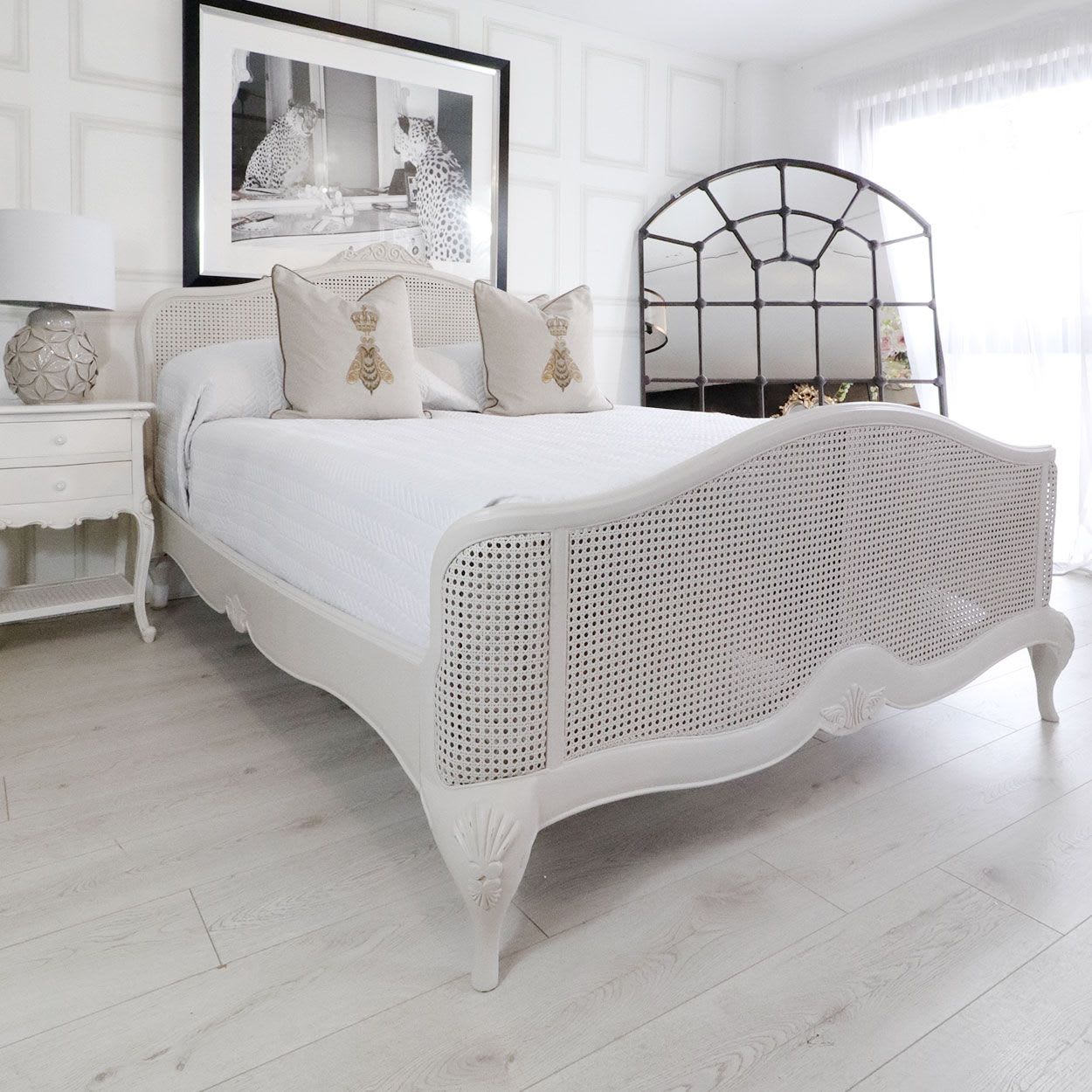 Sidqa White French Finish Bed with Cane Work