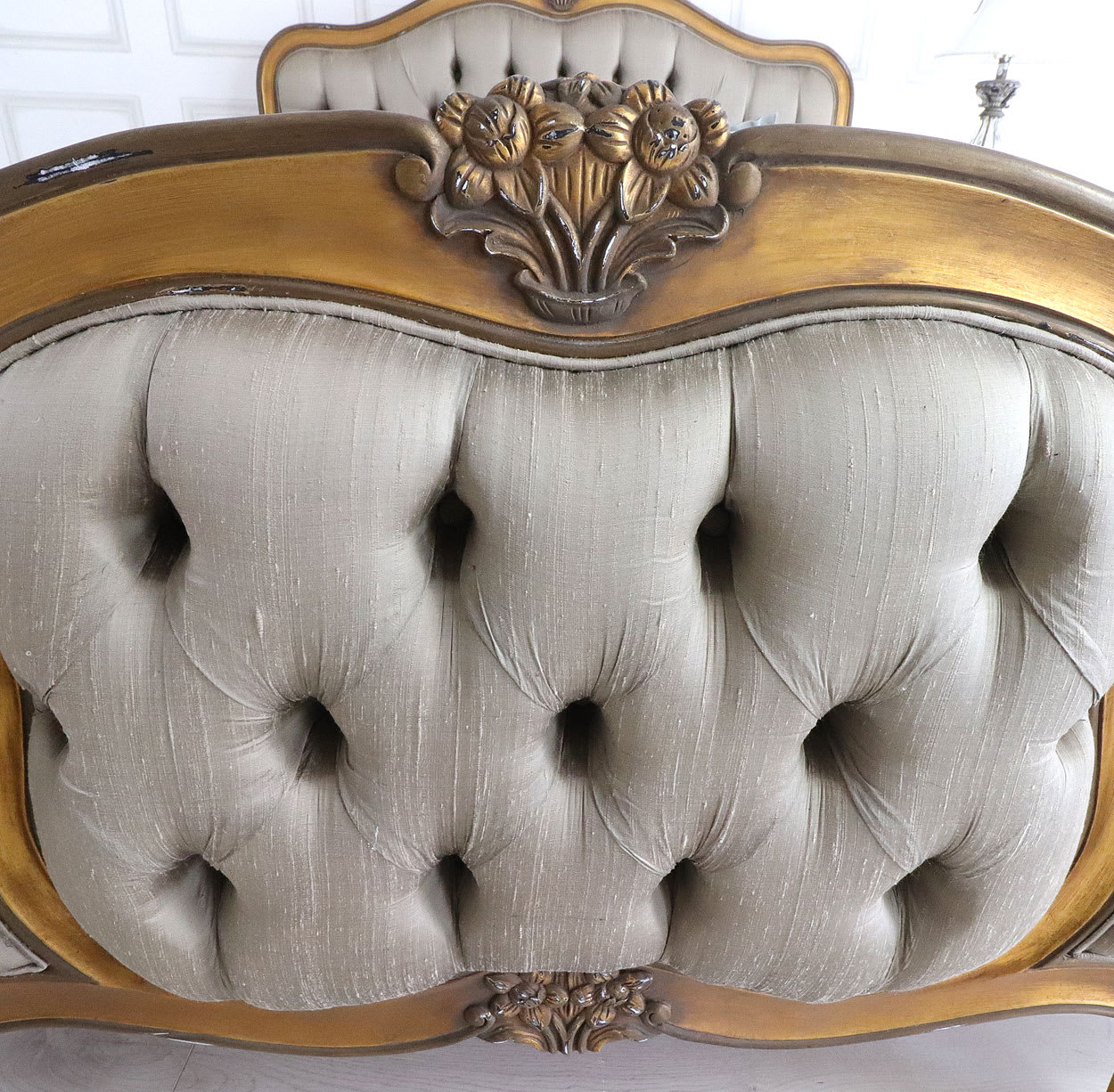 Sidqa Antique Gold Grand Bed with Grey Tufted Fabric