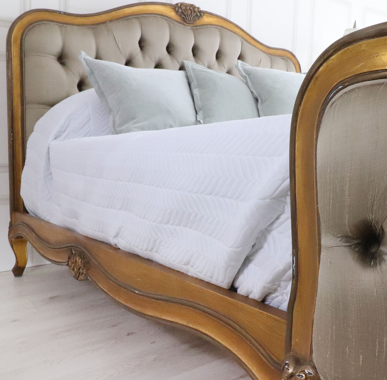 Sidqa Antique Gold Grand Bed with Grey Tufted Fabric