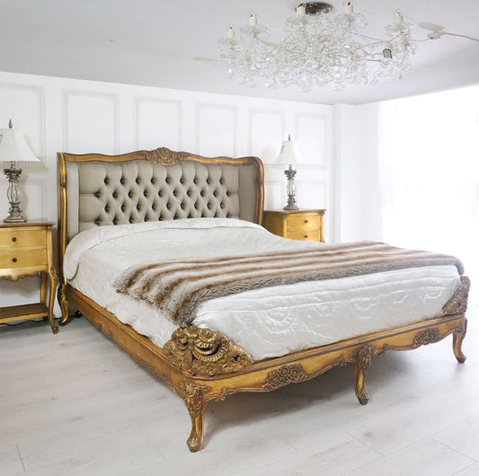 Sidqa Gold Grand Bed with Ornate Carvings