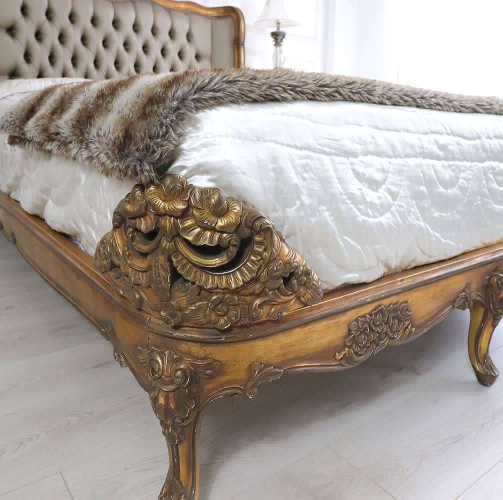 Sidqa Gold Grand Bed with Ornate Carvings