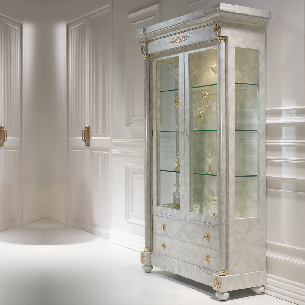 Ivory and Gold Display Closet with Glass Shelves