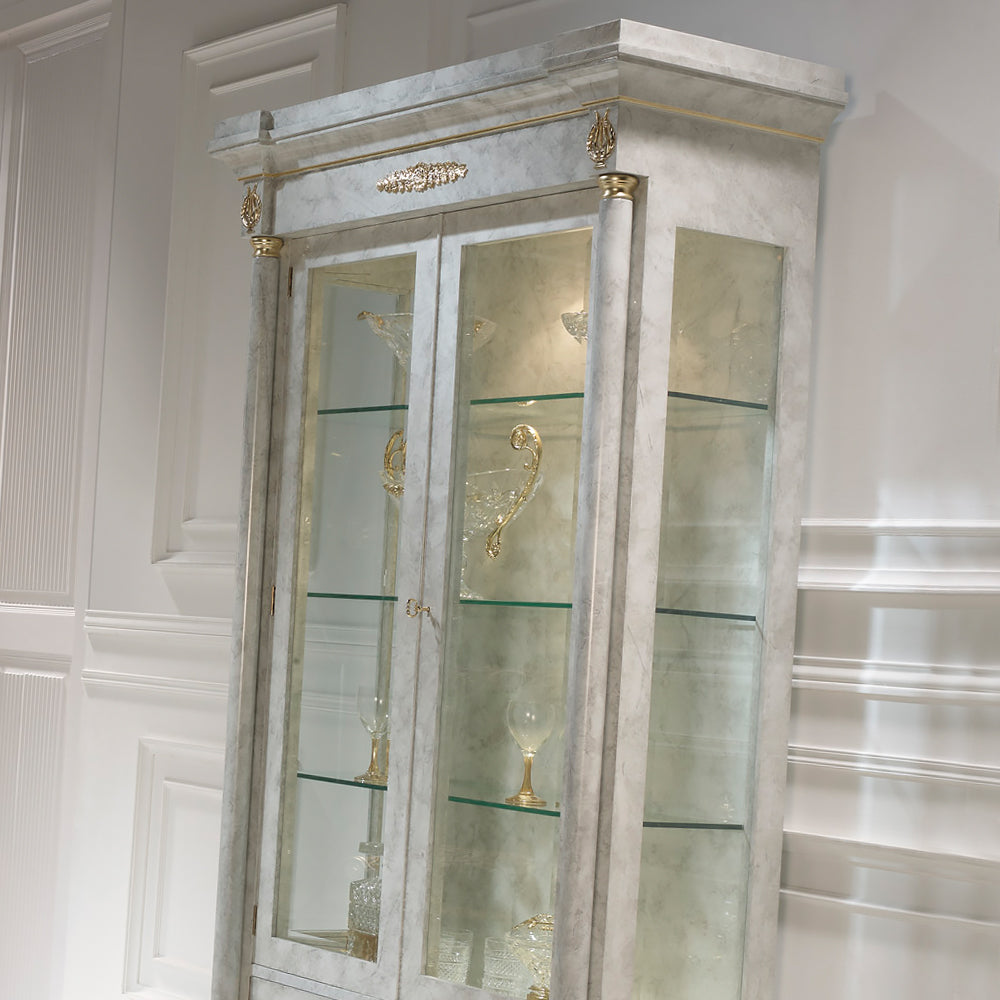 Ivory and Gold Display Closet with Glass Shelves