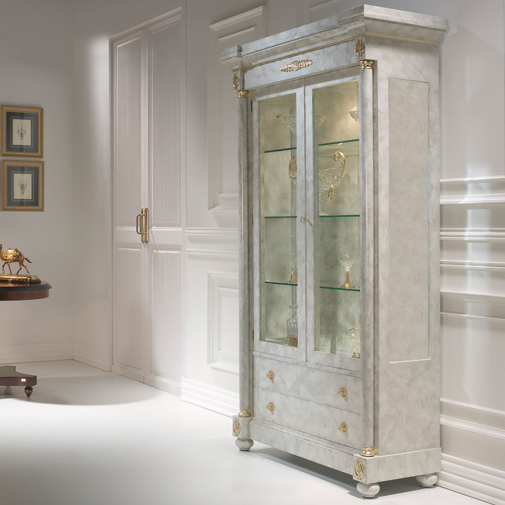 Ivory and Gold Display Closet with Glass Shelves