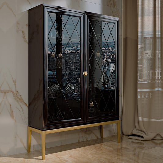 Dark Brown Display Closet with Black Glass and Gold Accents