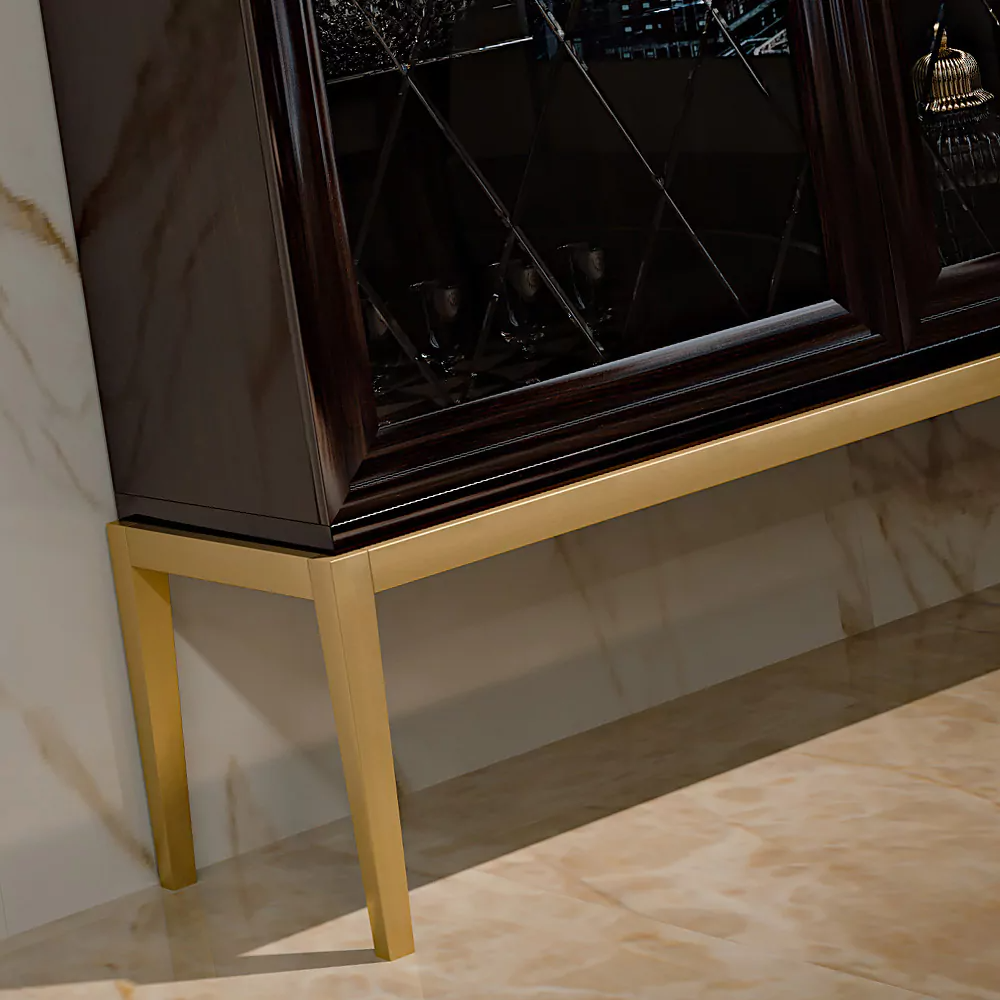 Dark Brown Display Closet with Black Glass and Gold Accents