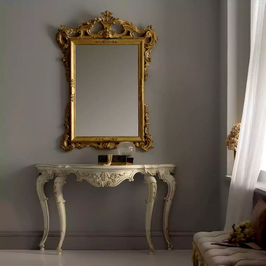 Sidqa Ivory Console and Antique Gold Mirror Set