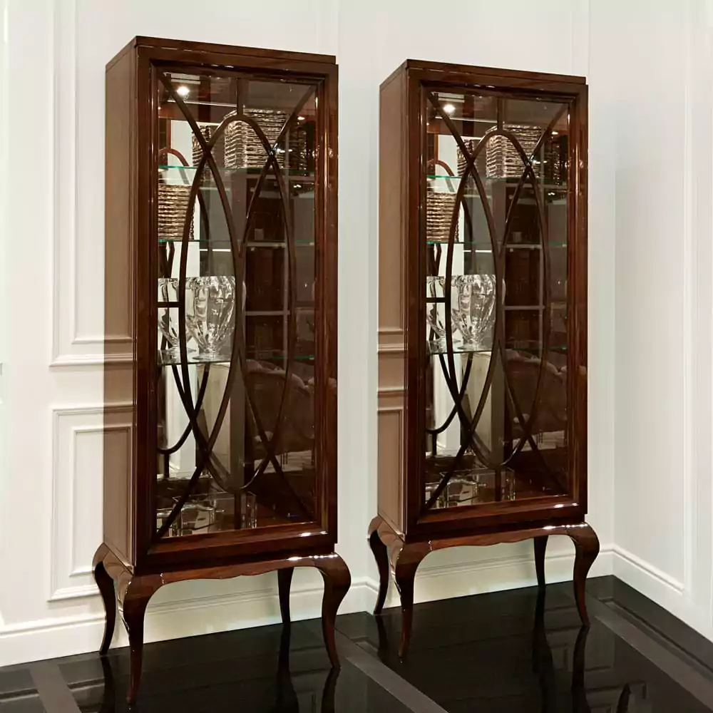 Brown Display Cabinet with Glass Shelves and Mahogany Feet