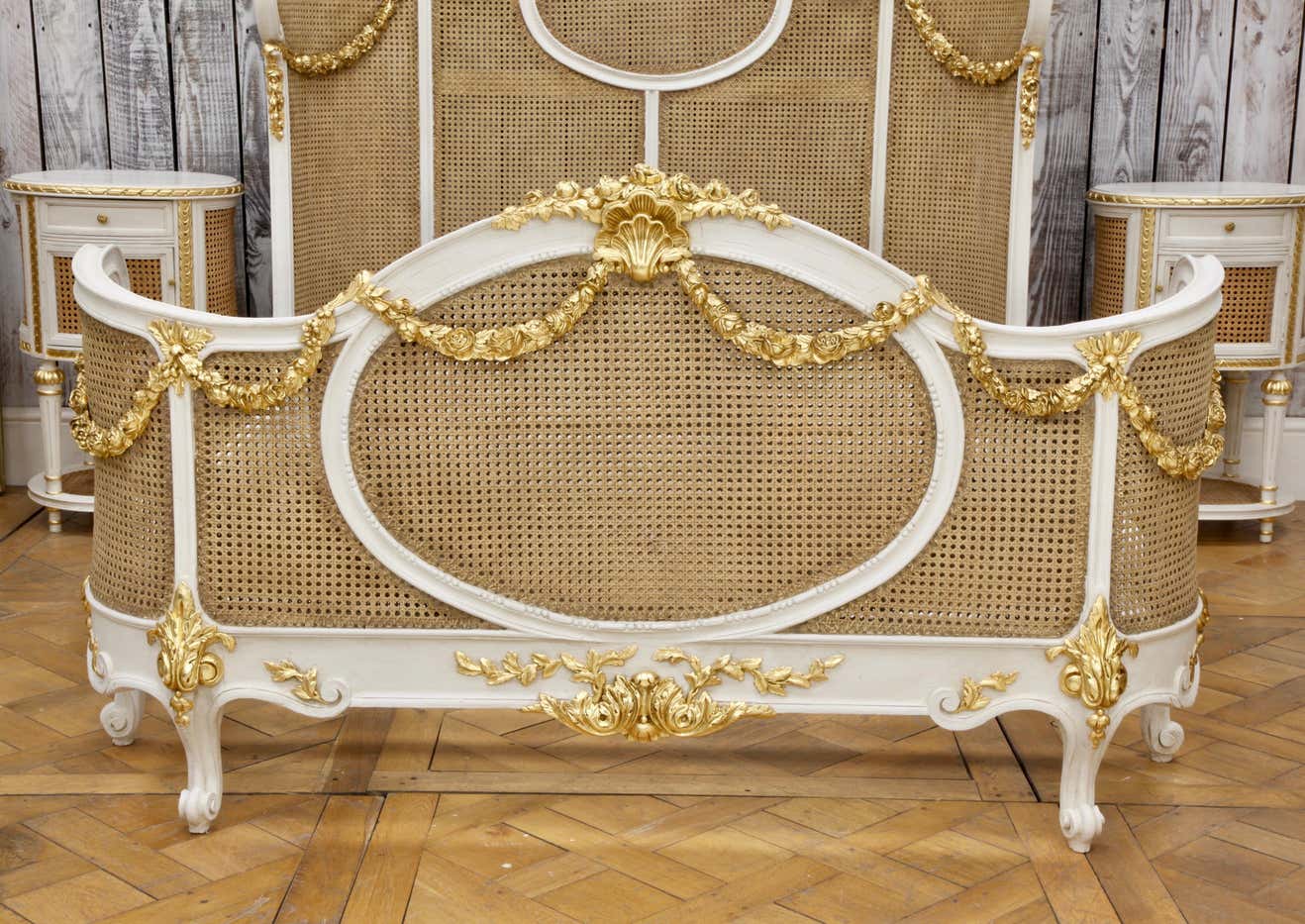 Sidqa Regal King Size Bed with Cane Work and Gold Vine Carvings