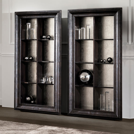 Black Display Cabinet with Glass Shelves and Leather Accents