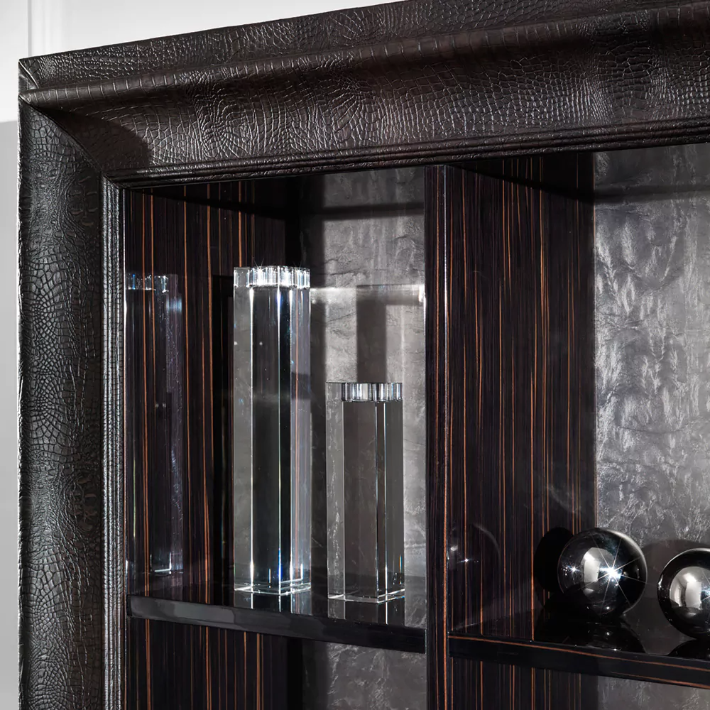 Black Display Cabinet with Glass Shelves and Leather Accents