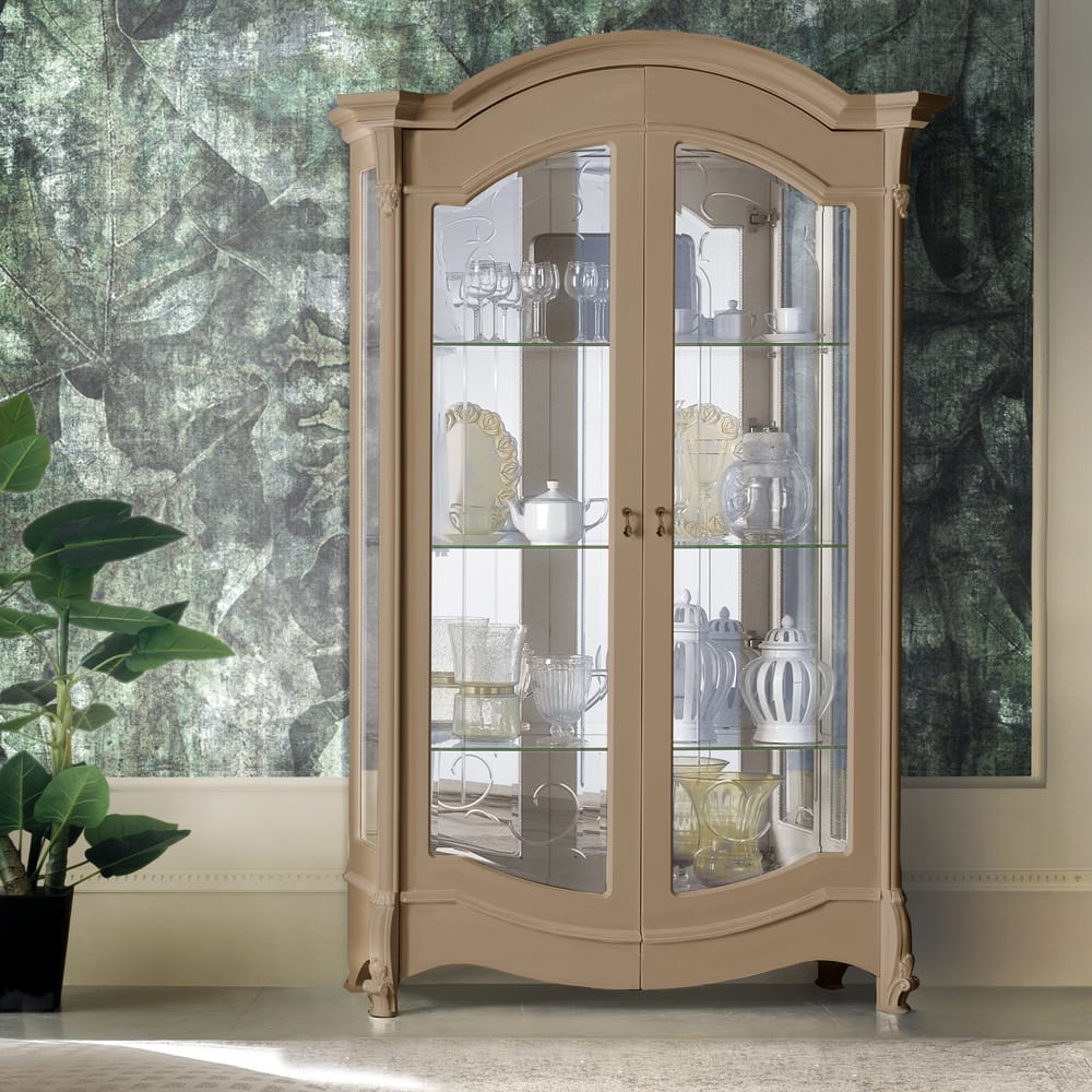 Beige Display Cabinet with Glass Shelves