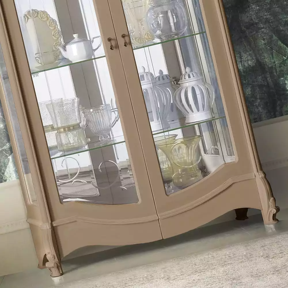 Beige Display Cabinet with Glass Shelves