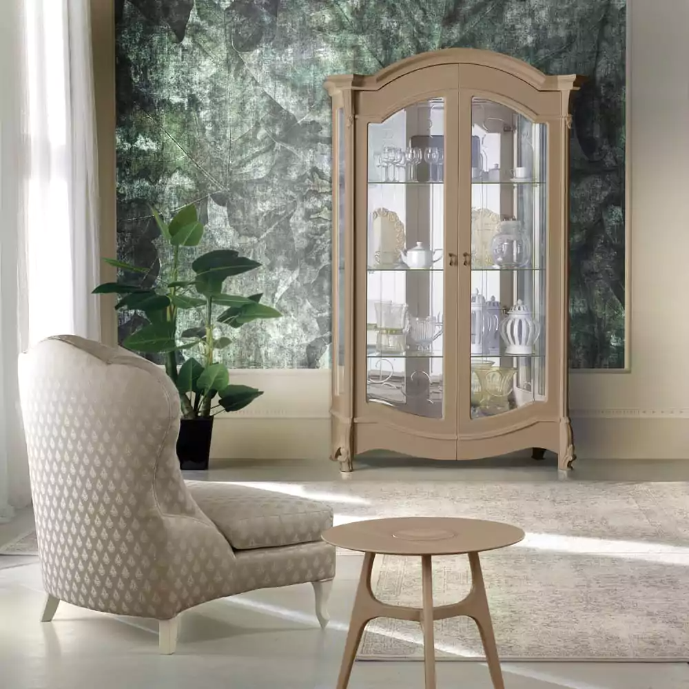 Beige Display Cabinet with Glass Shelves