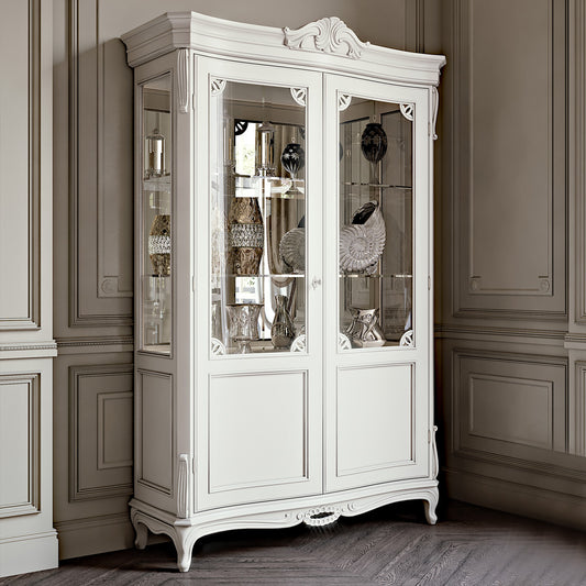 White Display Cabinet with Carved Details