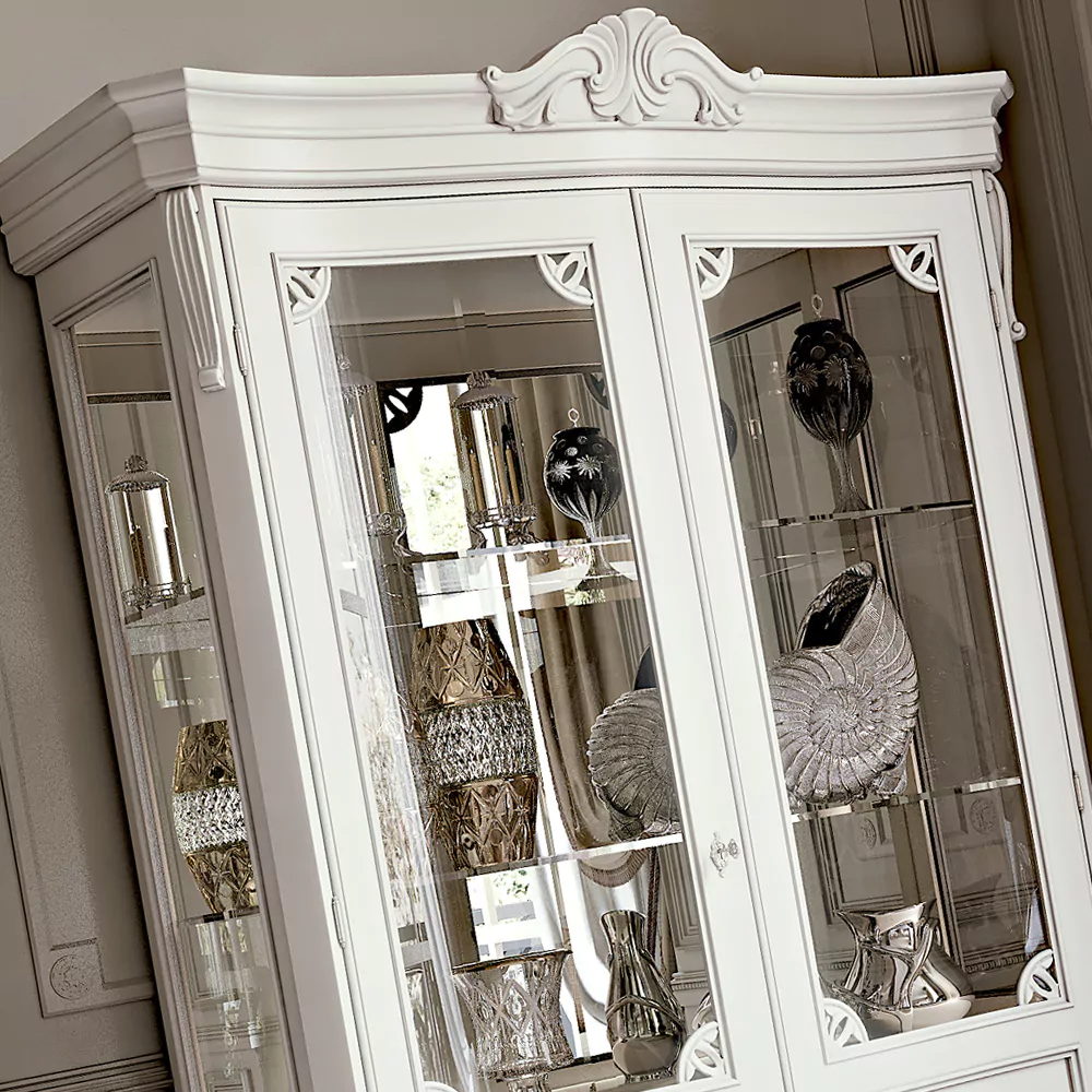 White Display Cabinet with Carved Details