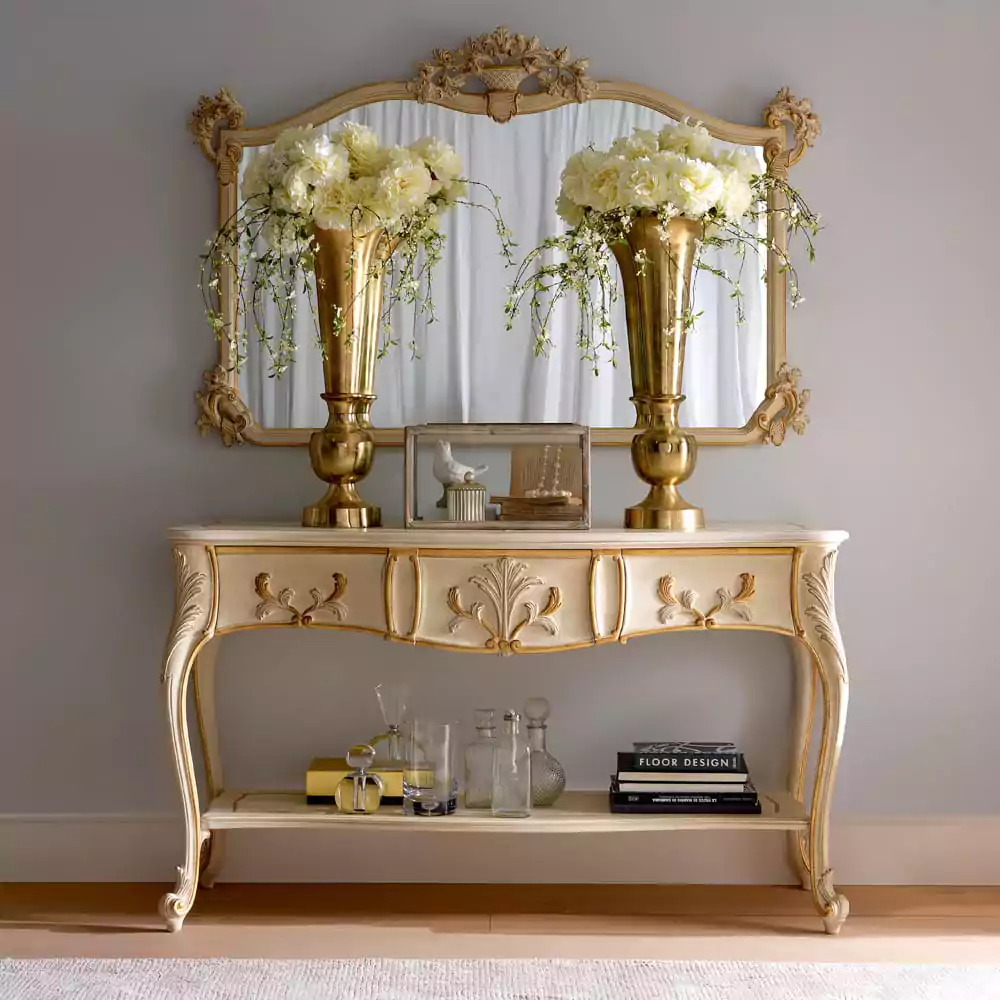 Sidqa Wide Ivory Beige Console and Mirror Set