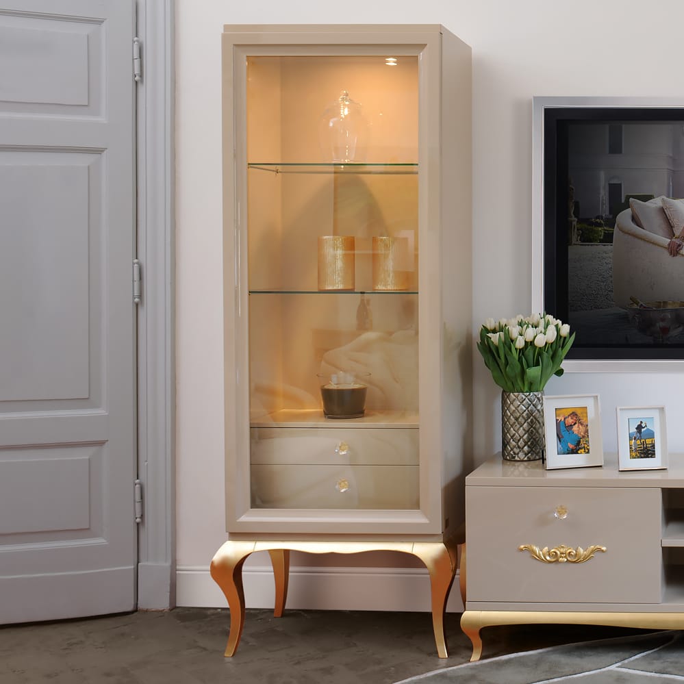 Beige Display Cabinet with Gold Accents