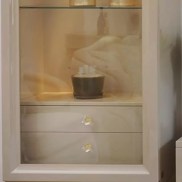 Beige Display Cabinet with Gold Accents