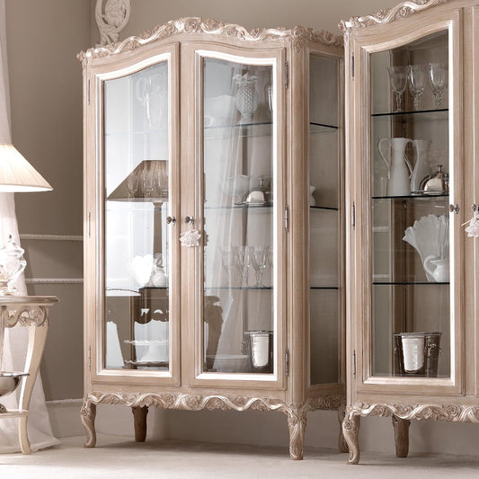 Beige French Finish Display Cabinet with Ivory Silver Accents