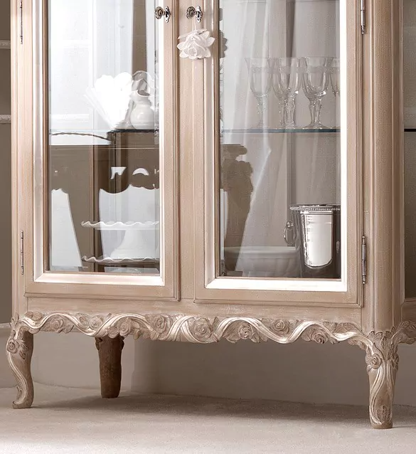 Beige French Finish Display Cabinet with Ivory Silver Accents