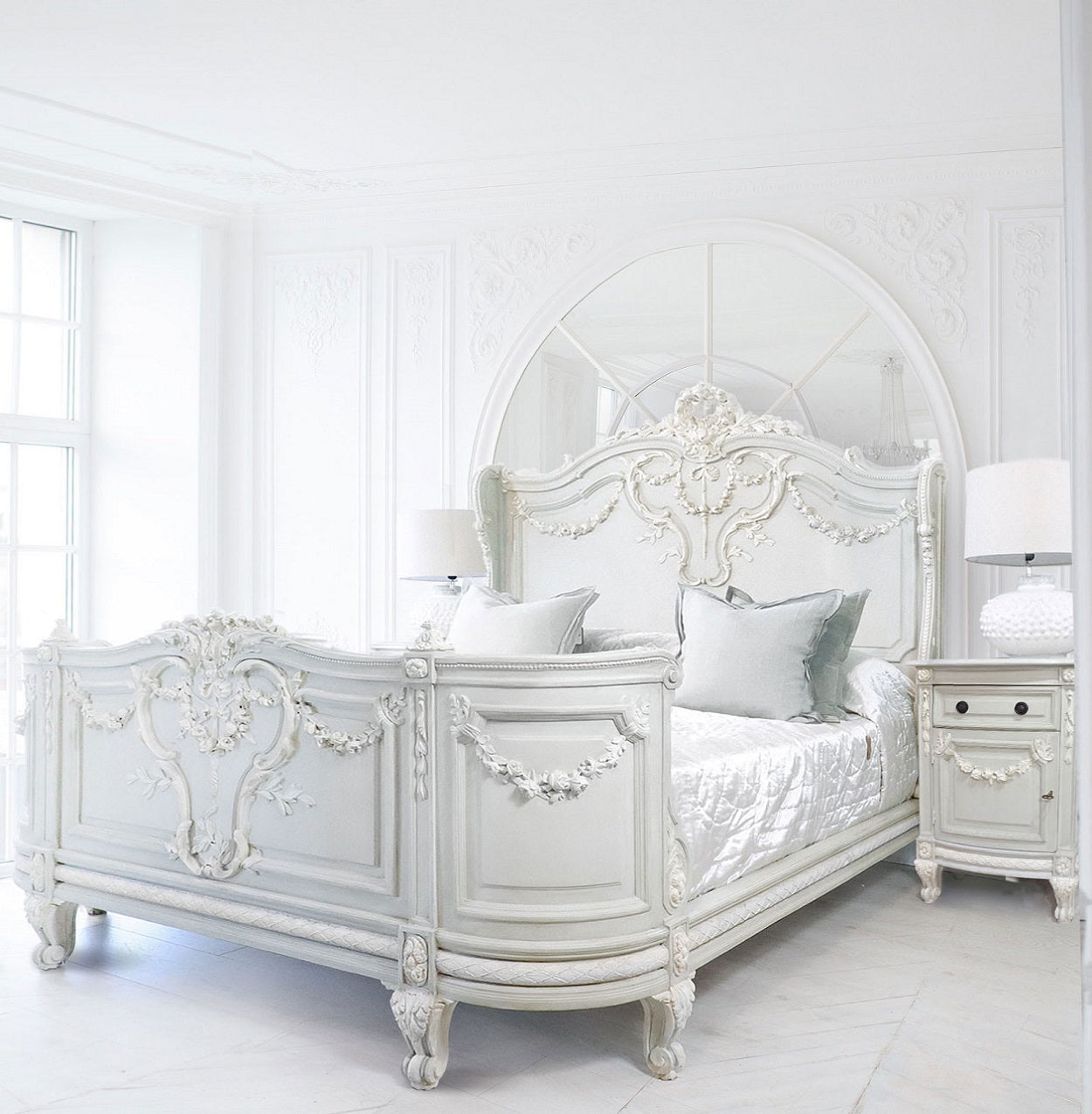 Sidqa French White Grand Bed with Vine Carvings