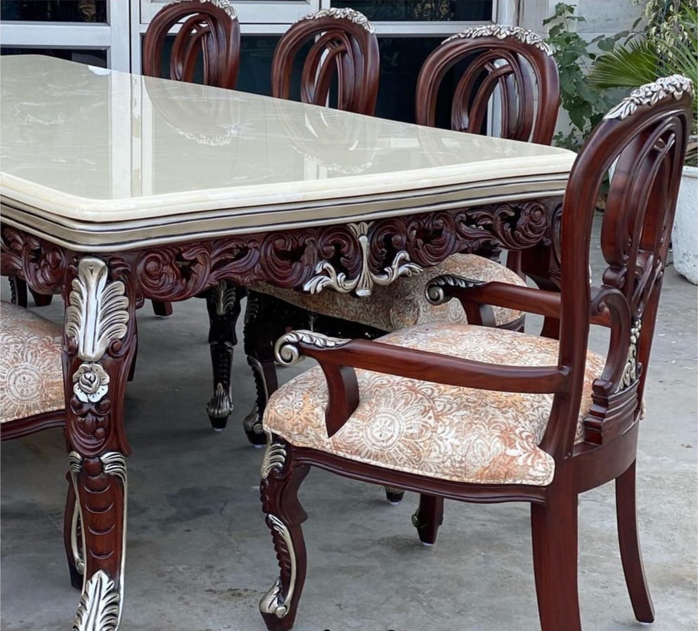 8 Seater Dining set with 95 Sterling Silver work on Chairs.