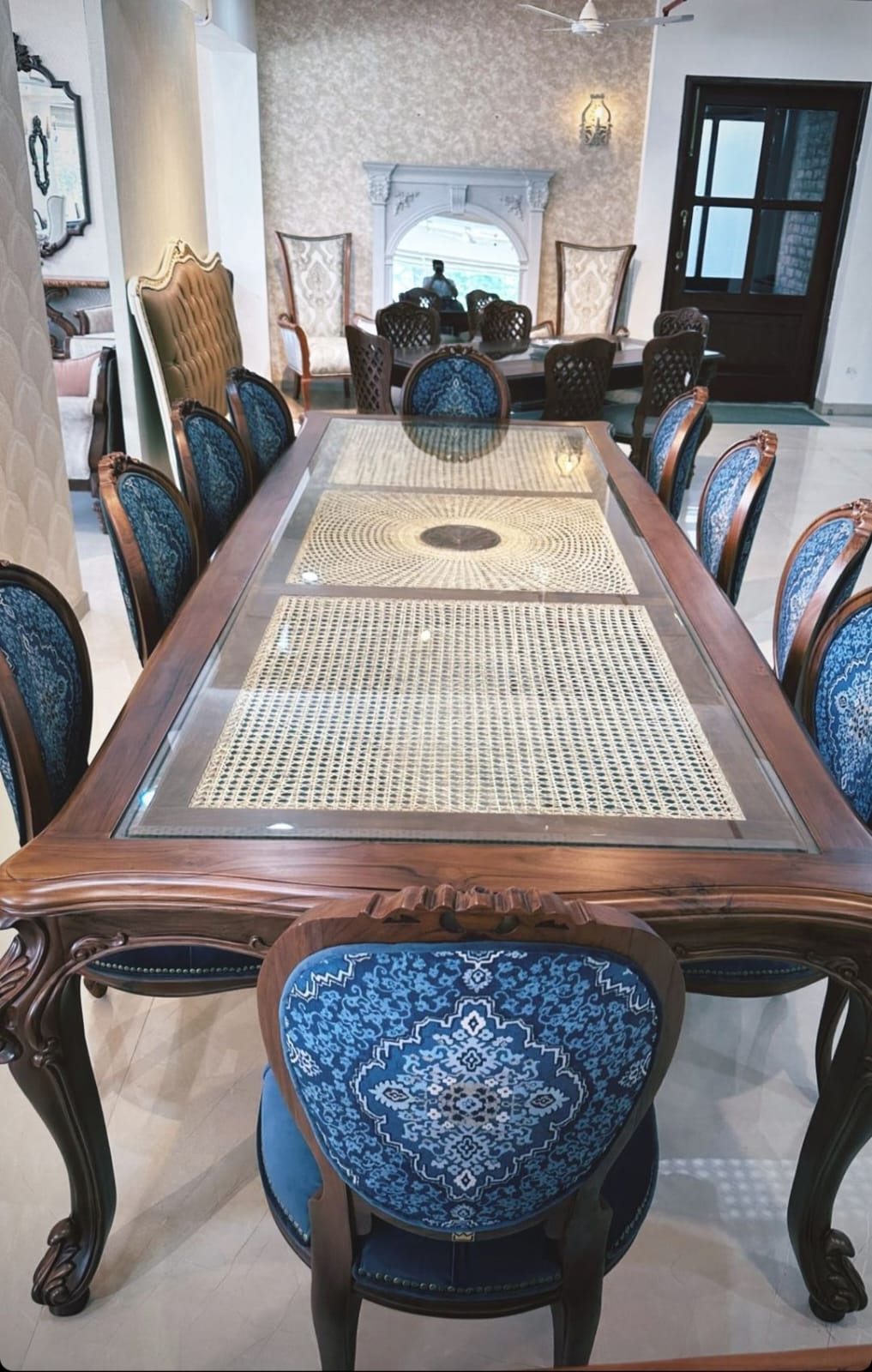 10-Seater Dining Set with Cane Floral Work on Table