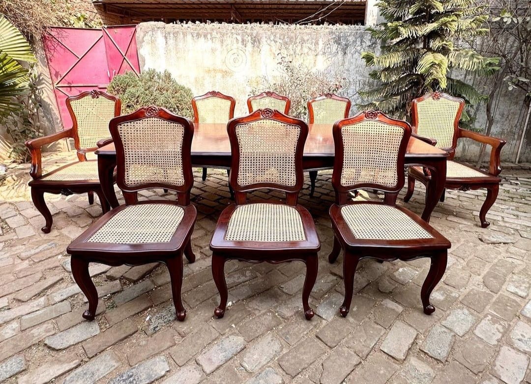 Sidqa Colonial Legacy 8-Seater Dining Set with Full Cane Work Chairs