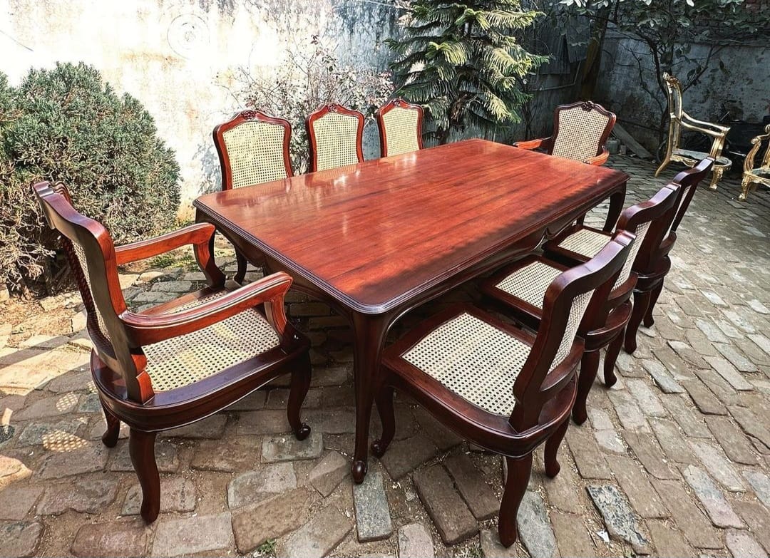 Sidqa Colonial Legacy 8-Seater Dining Set with Full Cane Work Chairs