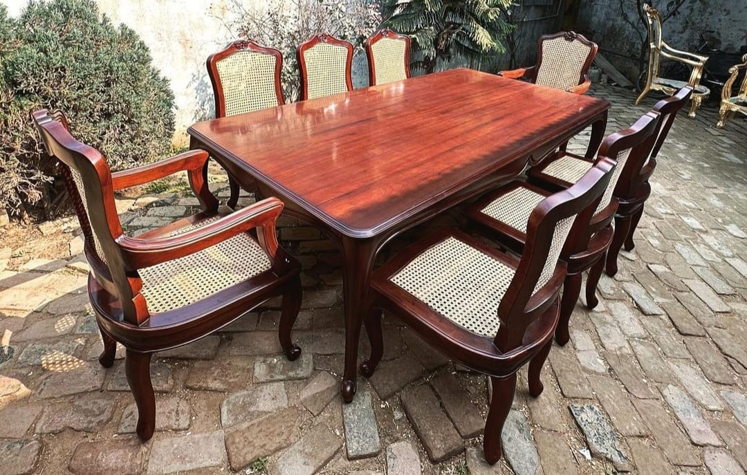 Sidqa Colonial Legacy 8-Seater Dining Set with Full Cane Work Chairs