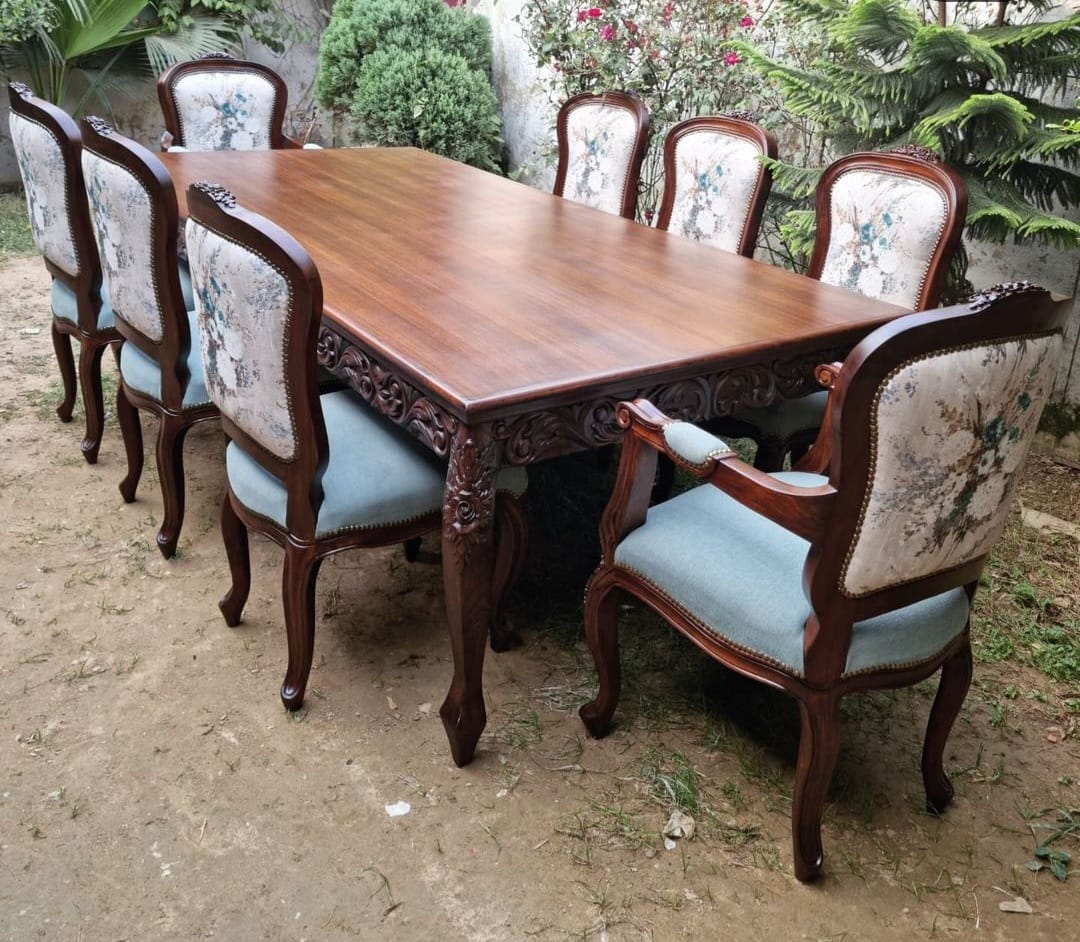 Sidqa Vintage Charm 8-Seater Mahogany Dining Set with Blue Chairs