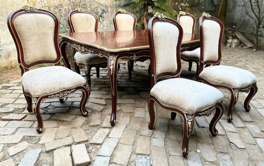 Sidqa Antique Majesty 6-Seater Mahogany Dining Set with Gold Accent Lines