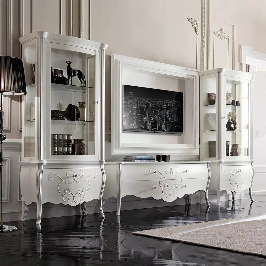 White Display Cabinet with Glass Shelves and Patterned Drawer