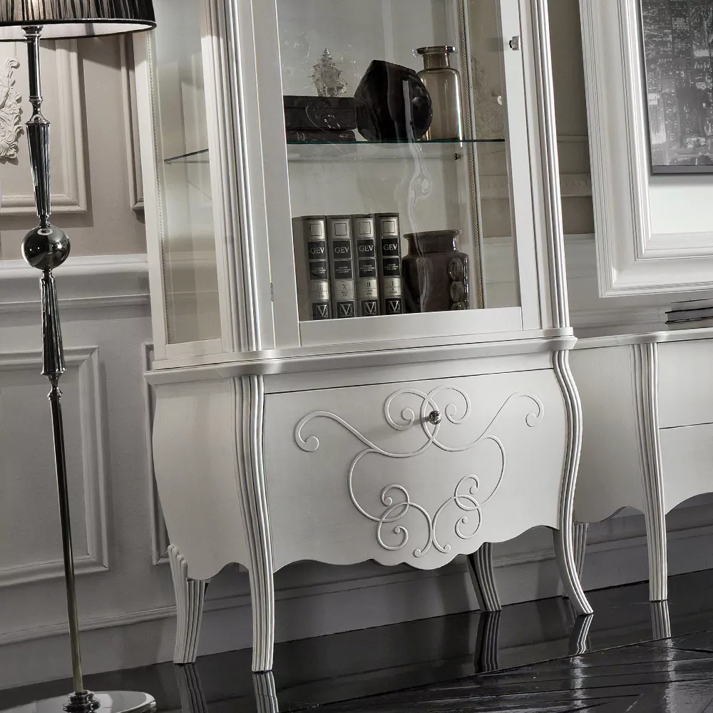 White Display Cabinet with Glass Shelves and Patterned Drawer