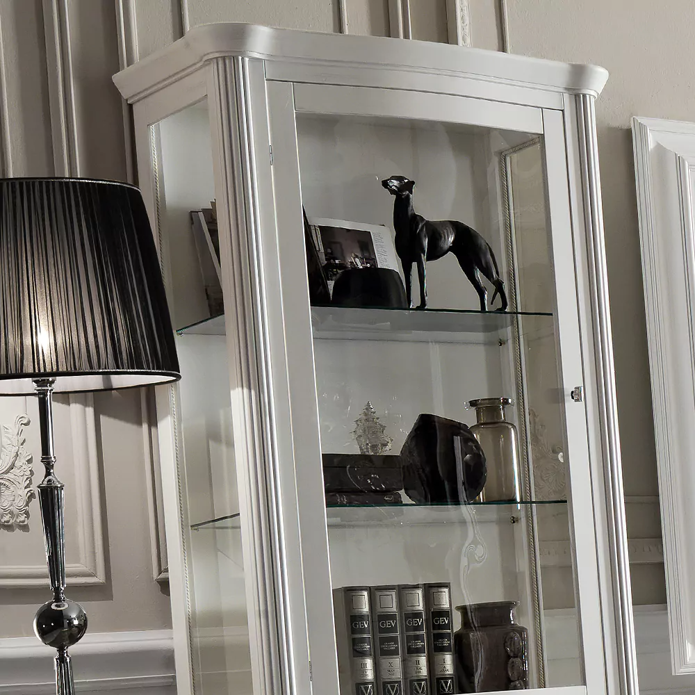 White Display Cabinet with Glass Shelves and Patterned Drawer