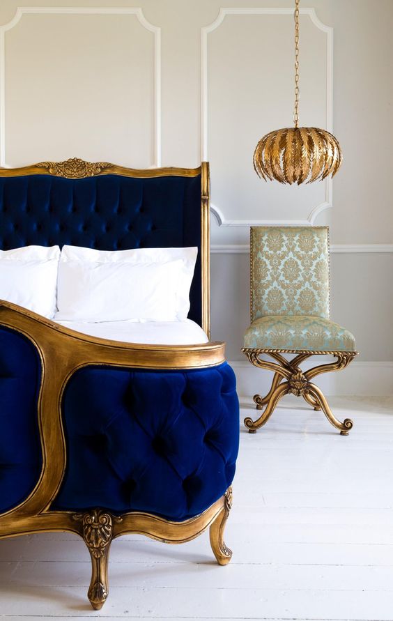 Sidqa Imperial Gold Bed with Blue Velvet Upholstery