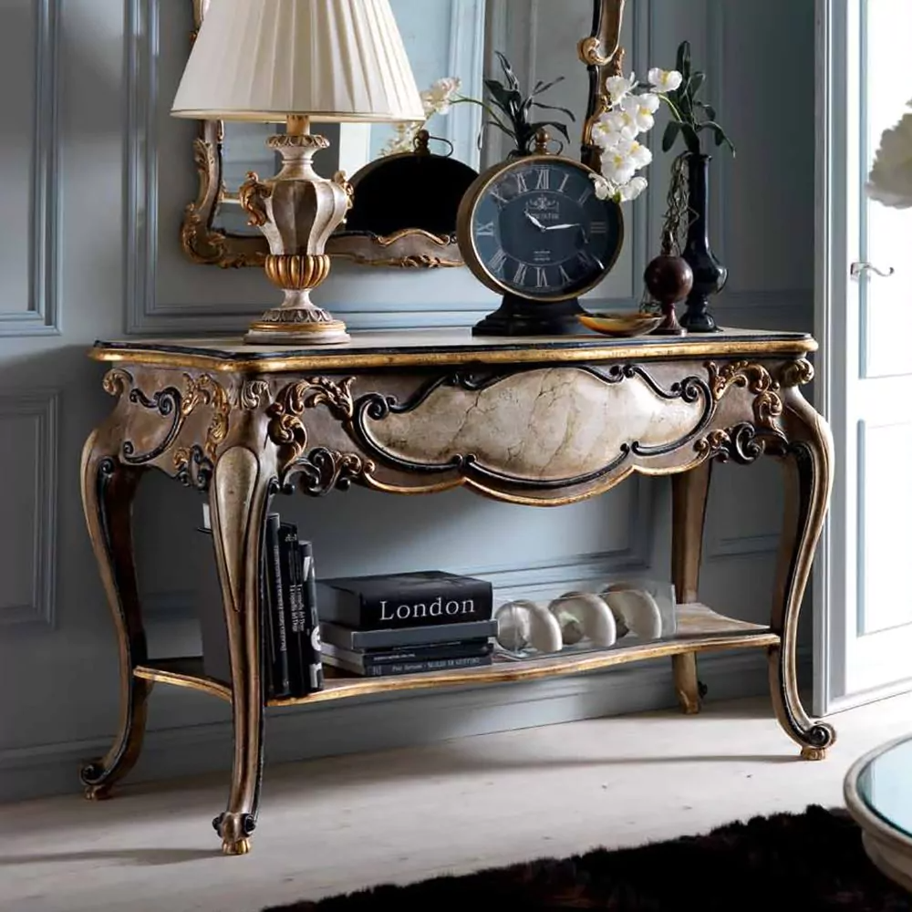 Brown Marble Double Decker Console with Grand Mirror