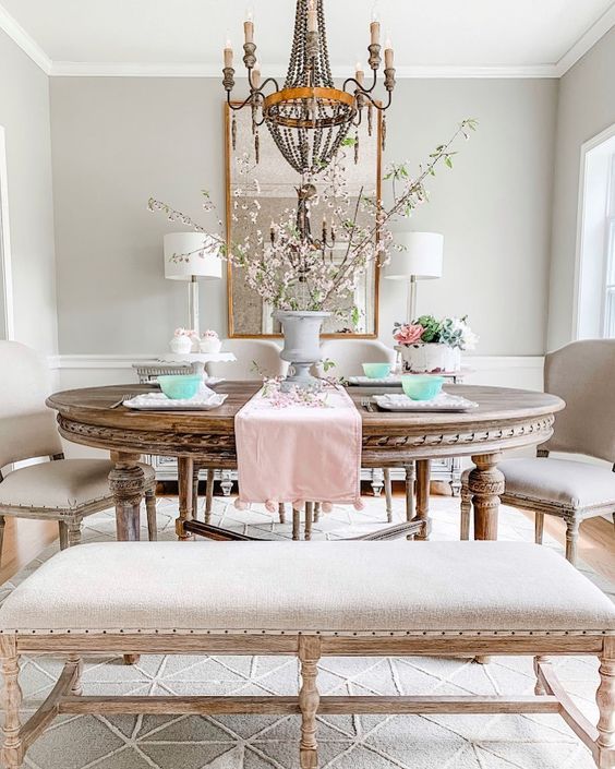 Circular French Finish Dining Set with a Bench