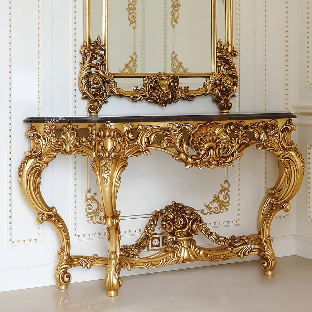 Sidqa Opulent Gold Leaf Console and Mirror Set