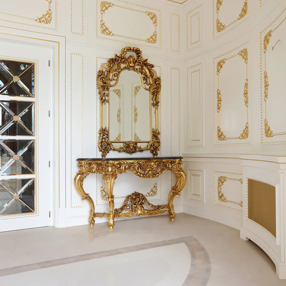 Sidqa Opulent Gold Leaf Console and Mirror Set